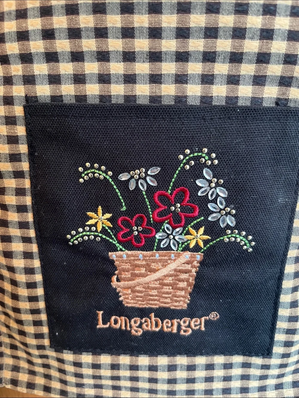 Longaberger Black and Tan Gingham Tote Accentw/ Embroidered Floral and Liner